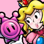  1girl alternate_color axelorca blonde_hair commentary crown dress english_commentary gloves long_hair looking_to_the_side mario_&amp;_luigi_rpg mario_(series) pink_background pink_dress princess_peach puffy_short_sleeves puffy_sleeves shine_sprite short_sleeves simple_background solo upper_body white_gloves 
