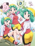  1girl absurdres alternate_color antennae ass beanie bike_shorts blue_eyes blue_skin breasts cameltoe celebi cleffa colored_skin commentary_request cropped_jacket fairy_wings flying flying_sweatdrops green_eyes green_hair green_skin hat highres holding holding_poke_ball jacket kris_(pokemon) medium_breasts multiple_views phanpy pink_skin poke_ball pokegear pokemoa pokemon pokemon_(creature) pokemon_gsc red_shirt shiny_pokemon shirt shoes shorts smile twintails white_jacket wings yellow_hat yellow_shorts 