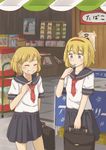  ahoge alice_margatroid alternate_costume bag blonde_hair blue_eyes chii-kun_(seedyoulater) contemporary convenience_store grin hair_ribbon hairband highres kirisame_marisa multiple_girls ribbon school_uniform serafuku shop short_hair skirt smile soda touhou 