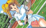  1girl 4bpp ball blonde_hair character_request d.o. game_cg hoshi_no_suna_monogatari hoshi_no_suna_monogatari_3 jpeg_artifacts looking_at_viewer oldschool outdoors panties pc98 racket solo sportswear tennis tennis_ball tennis_court tennis_racket tennis_uniform twintails underwear 