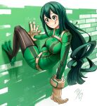  1girl :q absurdres asui_tsuyu bodysuit boku_no_hero_academia breasts chest_harness closed_mouth dilan_griz double-parted_bangs frog_girl full_body gloves green_background green_bodysuit green_eyes green_hair hair_between_eyes harness highres large_breasts long_hair looking_at_viewer on_wall smile solo tongue tongue_out walking_on_wall yellow_gloves 
