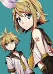  1girl blonde_hair blue_eyes brother_and_sister headphones kagamine_len kagamine_rin necktie ribbon siblings twins vocaloid wonoco0916 yellow_neckwear 