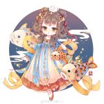  1girl :o absurdres animal_on_head beads blue_background blue_sleeves blunt_bangs border bow brown_hair chibi chinese_clothes chinese_commentary commentary_request crescent crescent_hair_ornament dot_nose double_bun eyelashes facial_mark fireflies flats flower_facial_mark flower_symbol forehead_mark hagoromo hair_beads hair_bow hair_bun hair_ornament hair_ribbon hair_rings hair_tie hanfu highres koinobori light_blush long_hair long_sleeves looking_at_viewer loose_hair_strand miracle_nikki night nikki_(series) nuli_de_chengzhi_er on_head open_mouth outside_border peaceful_night_(miracle_nikki) puffy_long_sleeves puffy_sleeves rabbit rabbit_on_head red_bow red_hanfu red_ribbon red_shoes ribbon round_border shawl shoes signature solo standing striped_bow striped_ribbon tassel watermark weibo_watermark white_border windsock yellow_eyes 