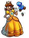  1boy 1girl alternate_skin_color axelorca brown_hair commentary crown dark-skinned_female dark_skin dress earrings english_commentary flower_earrings gloves highres jewelry long_dress luigi lunaris_(mario_&amp;_luigi:_stellar_bonds) mario_&amp;_luigi:_stellar_bonds mario_&amp;_luigi_rpg mario_(series) one_eye_closed open_mouth princess_daisy puffy_short_sleeves puffy_sleeves short_sleeves simple_background teeth tongue tongue_out upper_teeth_only white_background white_gloves yellow_dress 