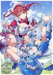  2girls :d ;d absurdres animal_ears apron armpit_cutout blue_dress blue_hair blue_shoes blue_sky braid breasts carrot_hair_ornament cleavage_cutout clothing_cutout cloud commentary_request cumulonimbus_cloud day dress falling_feathers feathers floating_hair food-themed_hair_ornament grin hair_ornament hair_ribbon haruhina_purple heart_apron heterochromia highres hikimayu holding_hands hololive hololive_3rd_generation_live_outfit houshou_marine jersey_maid leg_warmers long_hair looking_at_viewer maid maid_headdress medium_breasts midair multicolored_hair multiple_girls one_eye_closed open_mouth orange_eyes outdoors puffy_short_sleeves puffy_sleeves rabbit-shaped_pupils rabbit_ears rabbit_girl red_dress red_eyes red_hair red_ribbon red_shoes ribbon shoes short_eyebrows short_sleeves sky small_breasts smile sneakers swept_bangs symbol-shaped_pupils thick_eyebrows twin_braids twintails two-tone_hair unconventional_maid usada_pekora virtual_youtuber white_apron white_hair white_leg_warmers wrist_cuffs yellow_eyes 