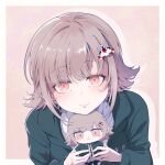  1girl black_jacket brown_hair character_doll closed_mouth commentary_request danganronpa_(series) danganronpa_2:_goodbye_despair doll flipped_hair hair_ornament highres holding holding_doll jacket long_sleeves looking_at_viewer medium_hair nanami_chiaki open_clothes open_jacket pink_eyes qiyi_7117 shirt smile solo upper_body white_background white_shirt 