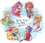  3boys 3girls angela_(seiken_densetsu_3) animal animal_print armor bare_shoulders blonde_hair blue_eyes blue_robe blue_shirt blue_tabard breasts brown_hair cat charlotte_(seiken_densetsu_3) cleavage closed_mouth crop_top curly_hair detached_collar dress duran_(seiken_densetsu_3) forehead_jewel fur-trimmed_vest fur_trim gem green_dress green_eyes green_gem hair_between_eyes hat hawkeye_(seiken_densetsu_3) helmet highres holding holding_animal holding_cat jester_cap kevin_(seiken_densetsu_3) leotard low_ponytail medium_breasts midriff mini_hat multiple_boys multiple_girls naekam open_mouth outstretched_arms parted_bangs parted_lips pauldrons pink_hair pom_pom_hat_ornament ponytail print_vest purple_hair purple_hat red_hat red_leotard red_tunic riesz robe seiken_densetsu seiken_densetsu_3 shirt shoulder_armor sidelocks smile tabard tiger_print tunic upper_body vest winged_headwear yellow_eyes 