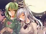  chinese dress elise_(piclic) flower full_moon green_dress green_eyes green_hair hat japanese_clothes kariginu leaning_on_person mononobe_no_futo moon multiple_girls petals ponytail ribbon rose short_hair side-by-side silver_hair sleeping sleeping_on_person sleeping_upright smile soga_no_tojiko tanabata tate_eboshi touhou upper_body 