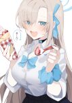  1girl :d absurdres asuna_(blue_archive) asuna_(school_uniform)_(blue_archive) black_skirt blue_archive blue_bow blue_bowtie blue_eyes blue_halo blue_nails blue_ribbon blue_scrunchie bow bowtie brown_hair button_gap collared_shirt commentary_request crepe eyes_visible_through_hair food fruit hair_over_one_eye hair_ribbon halo highres holding holding_crepe holding_food holding_spoon long_hair looking_at_viewer mamiya076 open_mouth ribbon school_uniform scrunchie shirt short_sleeves skirt smile solo spoon strawberry upper_body white_shirt wrist_scrunchie 