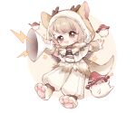 1girl absurdres animal_ear_hood arm_warmers baggy_pants blush_stickers brown_arm_warmers brown_eyes brown_hair brown_hood brown_shirt chibi chinese_commentary circle cloak commentary_request crop_top dot_nose fake_antlers fake_tail fang forest_folk_(infinity_nikki) fringe_trim full_body fur-trimmed_hood fur_arm_warmers fur_trim giant giantess happy highres holding holding_megaphone hood hood_up hooded_cloak horned_hood horns infinity_nikki light_blush light_particles megaphone mushroom navel nikki_(series) nuli_de_chengzhi_er open_mouth pants paw_shoes shirt shoes short_hair shouting shroomling_(infinity_nikki) smile star_(symbol) tail tareme textless_version two-tone_background white_background white_cloak white_pants white_shoes yellow_background 