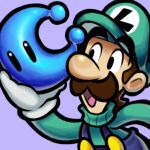  1boy alternate_color alternate_costume axelorca blue_overalls brown_hair commentary english_commentary facial_hair gloves green_hat green_sweater hat luigi mario_&amp;_luigi_rpg mario_(series) mustache open_mouth overalls power_moon purple_background short_hair simple_background sweater turtleneck turtleneck_sweater upper_body white_gloves 