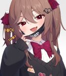  1girl badge bow bowtie broken_heart broken_heart_hair_ornament brown_hair button_badge chahanramen commentary dress_shirt english_commentary english_text evil_neuro-sama fang hair_between_eyes hair_ribbon heart highres long_hair long_sleeves looking_at_viewer mask mouth_mask off-shoulder_cardigan open_mouth red_bow red_bowtie red_eyes red_ribbon ribbon shirt simple_background skin_fang solo two_side_up upper_body v-neck vedal_ai virtual_youtuber white_background 