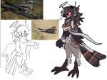 ambiguous_gender anthro avian biped bird brown_body brown_claws brown_feathers brown_feet brown_tail brown_wings claws electronics feathers feet gzpxllztt halo headphones nightjar raised_wings red_eyes scarf solo standing tail wings