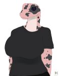 anthro big_breasts black_bottomwear black_clothing black_shirt black_shorts black_spots black_topwear bottomwear breasts clothed clothing dark_sclera female hi_res pink_body purple_sclera reptile scalie shirt shorts snake solo spots tattoo topwear