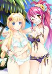  ashikaga_yoshiteru_(sengoku_otome) beach bikini blonde_hair blue_eyes blush bow bracelet braid breasts bucchake_(asami) clenched_teeth collaboration collarbone cowboy_shot day facial_mark flower frilled_bikini frills hair_bow hair_flower hair_ornament hairband hibiscus jewelry long_hair looking_at_viewer medium_breasts multiple_girls navel oda_nobunaga_(sengoku_otome) one_eye_closed palm_tree ponytail red_hair sengoku_otome single_braid smile stomach sunflower swimsuit teeth tree yellow_eyes 