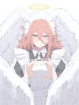  1boy androgynous angel angel_devil_(chainsaw_man) angel_wings apron blush chainsaw_man collared_dress commentary crossdressing crossdressing_(mtf) dress enmaided facing_viewer feathered_wings frilled_apron frills ginjaeru hair_between_eyes halo heart heart_hands highres jitome long_hair long_hair_between_eyes looking_at_viewer maid maid_apron maid_headdress male_focus messy_hair moe_moe_kyun! parted_lips puffy_short_sleeves puffy_sleeves red_eyes red_hair short_sleeves solo straight-on sweat symbol-only_commentary traditional_halo white_apron white_background white_wings wings 