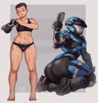  1girl armor artist_name ass ass_visible_through_thighs barefoot breasts catherine-b320 commentary dated english_commentary female_pubic_hair from_behind full_body gun halo:_reach halo_(series) helmet highres holding holding_gun holding_weapon justrube kneeling looking_at_viewer mechanical_arms multiple_scars multiple_views panties power_armor pubic_hair scar short_hair single_mechanical_arm spartan_(halo) sports_bra standing underwear very_short_hair weapon 