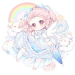  absurdres blue_bow blue_dress blue_umbrella bow bow_earrings bowtie chinese_commentary choker circle circle_skirt closed_mouth closed_umbrella cloud cloud_reverie_(infinity_nikki) commentary_request cracker creature cupcake donut dot_nose dress dress_bow earrings expressionless eyelashes floating_clothes food footwear_bow forehead frilled_choker frilled_sleeves frilled_socks frilled_umbrella frills hair_bow hair_ornament hand_on_own_shoulder heart heart_hair_ornament highres holding holding_umbrella infinity_nikki jewelry lace-trimmed_dress lace_trim large_bow light_blush light_frown lolita_fashion long_hair long_sleeves medium_dress nikki_(series) nuli_de_chengzhi_er over-kneehighs petticoat pink_bow pink_eyes pink_hair pink_shoes pom_pom_(clothes) pom_pom_earrings rain rainbow ringlets shoes socks sparkle square_neckline tareme thighhighs two_side_up umbrella wavy_hair white_background white_bow white_bowtie white_choker white_sleeves white_socks 