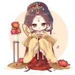  1girl absurdres beads border bow braid braided_hair_rings brown_eyes brown_hair chibi chinese_clothes chinese_commentary circlet closed_mouth commentary_request dot_nose eyelashes eyeliner facial_mark falling_petals floral_print flower flower_facial_mark flower_symbol forehead_mark frilled_sleeves frills full_body hair_beads hair_bun hair_ornament hair_ribbon hair_rings hand_fan hanfu happy highres holding holding_fan light_blush light_smile lipstick long_sleeves looking_at_viewer makeup miracle_nikki nikki_(series) nuli_de_chengzhi_er orange_background outside_border peony_(flower) petals pink_lips red_eyeliner red_flower red_hanfu red_ribbon ribbon robe round_border short_hair single_hair_bun sleeves_past_fingers sleeves_past_wrists solo stately_grace_(miracle_nikki) tassel tassel_hair_ornament tsurime tuanshan updo vase watermark weibo_watermark white_border wide_sleeves yellow_bow yellow_robe 