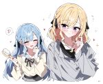  2girls bang_dream! bang_dream!_it's_mygo!!!!! black_ribbon blonde_hair blue_hair blush borrowed_hairstyle closed_eyes closed_mouth commentary grey_jacket hair_between_eyes hair_brush hair_ribbon heart highres holding holding_hair_brush jacket long_hair long_sleeves medium_hair misumi_uika multiple_girls neck open_mouth purple_eyes ribbon shirt sidelocks simple_background symbol-only_commentary togawa_sakiko twintails white_background white_shirt zhanzhangzlw 
