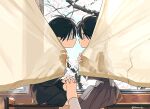  1boy 1girl black_hair cherry_blossoms classroom couple crossed_legs curtains expressionless eye_contact face-to-face looking_at_another original profile short_hair sitting skirt takanashi_atashi 