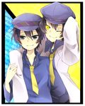  androgynous arm_around_shoulder blue_eyes blue_hair cabbie_hat dark_persona dual_persona hat labcoat multiple_girls necktie persona persona_4 reverse_trap shadow_(persona) shadow_naoto shigure_rin shirogane_naoto short_hair sleeves_past_wrists smile 