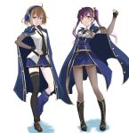  2girls absurdres ahoge arm_at_side arm_up assault_lily asymmetrical_legwear belt black_belt black_boots black_gloves black_necktie black_ribbon black_thighhighs blue_cloak blue_leg_warmers blue_skirt boots breasts brown_eyes brown_hair brown_pantyhose brown_shoes cloak closed_mouth collared_shirt commentary_request crossed_bangs detached_sleeves fingerless_gloves full_body gloves hair_between_eyes hair_ribbon hand_on_own_hip headphones heel_up highres hishida_haru kawamura_yuzuriha knee_boots leg_warmers light_smile loafers long_hair long_sleeves looking_ahead looking_at_viewer loose_belt loose_necktie medium_breasts miniskirt mismatched_legwear multiple_girls necktie o-ring o-ring_belt odaiba_girls_high_school_uniform pantyhose pleated_skirt purple_hair ribbon school_uniform shirt shoes short_hair short_necktie simple_background skirt sleeveless sleeveless_shirt standing thighhighs twintails two-tone_shirt urutsu_sahari v-shaped_eyebrows waist_cape white_background yellow_eyes yellow_ribbon 