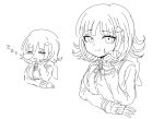  1girl breasts collared_shirt commentary_request danganronpa_(series) danganronpa_2:_goodbye_despair flipped_hair greyscale hair_ornament highres jacket kirin_(user_wzjg4845) long_sleeves looking_at_viewer medium_hair monochrome nanami_chiaki neck_ribbon nose_bubble open_clothes open_jacket ribbon shirt sleeping smile 