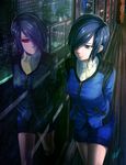  black_hair black_sclera blue_eyes different_reflection hair_over_one_eye highres kirishima_touka long_sleeves md5_mismatch ranh red_eyes reflection short_hair short_shorts shorts solo tokyo_ghoul window 