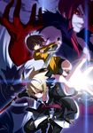  3boys carmine ecole french-bread highres hyde_(under_night_in-birth) knife linne multiple_boys necktie official_art poster reverse_grip sword textless under_night_in-birth waldstein weapon yoshihara_seiichi 