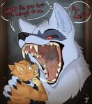absurd_res arkailart bodily_fluids canid canine canis claws death_(puss_in_boots) dreamworks fangs felid feline finger_claws glowing glowing_eyes hi_res imminent_vore mammal mouth_shot neck_grab open_mouth oral_vore puss_in_boots_(dreamworks) puss_in_boots_(franchise) red_eyes saliva saliva_on_tongue scared size_difference steam steamy_breath teeth unwilling_prey vore wolf