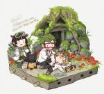  3boys :d animal_ears artist_name black_bow black_bowtie black_gloves black_hair black_necktie black_pants bow bowtie brown_hair brown_shoes buttons cauldron cave chibi club_(shape) club_facial_mark coat collared_shirt colored_inner_hair commentary_request diagonal-striped_bow diagonal-striped_bowtie diagonal-striped_clothes diagonal-striped_necktie diagonal_bangs dogcatsanma double-breasted eyewear_on_head facial_mark fangs fire gloves green_hair green_vest highres holding holding_plant hyena_boy hyena_ears kneeling lab_coat ladle lapels lilia_vanrouge long_sleeves lying male_focus moss multicolored_hair multiple_boys mushroom necktie night_raven_college_labwear night_raven_college_school_uniform on_back on_ground open_clothes open_coat open_mouth pants plant plant_roots pointy_ears puddle purple_hair rock ruggie_bucchi safety_glasses school_uniform shirt shoes short_hair simple_background skin_fangs sleeves_past_fingers sleeves_past_wrists smile standing steam streaked_hair striped_bow striped_bowtie striped_clothes sweatdrop trey_clover twisted_wonderland twitter_username vest vines weighing_scale white_background white_bow white_bowtie white_coat white_necktie white_shirt x_x 