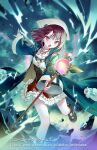  1girl atelier_(series) atelier_resleriana brown_eyes brown_shoes bukurote buttons commentary_request company_name copyright_notice corset frills headscarf highres holding holding_weapon jewelry long_coat mage_staff magic official_art open_mouth outstretched_arm pendant pouch red_hair red_skirt shoes short_hair skirt sleeve_cuffs solo sophie_neuenmuller staff weapon white_headscarf wide_sleeves 