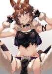 1girl animal_ears black_choker black_gloves black_shirt black_shorts black_thighhighs blush breasts brown_hair choker claw_pose collarbone commentary_request ear_scrunchie fingerless_gloves fur-trimmed_gloves fur-trimmed_jacket fur-trimmed_shorts fur-trimmed_vest fur_trim gloves grin hair_between_eyes hair_tuft highres horse_ears horse_girl horse_tail jacket large_breasts legwear_garter looking_at_viewer midriff multicolored_hair navel open_mouth purple_eyes purple_shirt purple_vest sharp_teeth shinko_windy_(umamusume) shinko_windy_(wicked_punk)_(umamusume) shirt short_hair shorts simple_background smile solo tail teeth thighhighs torn_clothes torn_shirt torn_thighhighs umamusume vest white_hair yu_ni_t 
