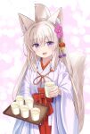 1girl :d absurdres amazake_(drink) animal_ear_fluff animal_ears commentary_request cup disposable_cup folded_ponytail fox_ears fox_girl fox_tail grey_hair hair_between_eyes hakama hakama_skirt highres holding holding_cup holding_tray iroha_(iroha_matsurika) japanese_clothes kimono koyoi_(iroha_(iroha_matsurika)) long_hair long_sleeves looking_at_viewer miko original purple_eyes red_hakama skirt smile solo tail tray very_long_hair white_kimono wide_sleeves 