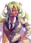  breasts green_eyes green_hair green_lipstick hand_on_hip head_wings large_breasts lipstick long_hair looking_away makeup panty_&amp;_stocking_with_garterbelt red_skin ruukii_drift scanty_(psg) solo uniform white_background 