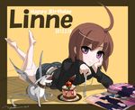  ahoge artist_request ass barefoot brown_hair cake chin_rest collar creature familiar food fork french-bread fruit highres huge_ahoge kuu_(under_night_in-birth) linne lying magazine on_stomach purple_eyes reading short_hair shorts signature smile soles strawberry toes under_night_in-birth 