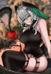 1girl absurdres apple arknights asveig_cookie black_dress black_thighhighs commentary dress food fruit head_wings highres ho'olheyak_(arknights) ho'olheyak_(ritual_of_immortality)_(arknights) slit_pupils snake_girl snake_tail tail thick_thighs thigh_strap thighhighs thighs wings 