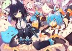  animal_ear_fluff animal_ears bell black_hair black_legwear blue_eyes blue_hair bow breasts cat_ears cat_tail chestnut_mouth elbow_gloves gloves jingle_bell large_breasts lying mamuru multiple_girls multiple_tails on_stomach open_mouth original paw_gloves paws sitting tail tail_bell tail_bow thighhighs wariza 