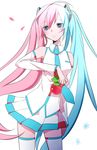  apple aqua_hair blue_eyes food fruit hatsune_miku long_hair multicolored multicolored_eyes multicolored_hair necktie pink_eyes pink_hair sakura_miku smile solo twintails tyobimiru very_long_hair vocaloid yuki_miku 