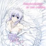  artist_request blue_eyes blush bouquet breasts bridal_veil cleavage congratulations cryska_barchenowa dress elbow_gloves english flower gloves good_end jewelry large_breasts lavender_hair muvluv muvluv_alternative muvluv_total_eclipse nabatame_hitomi necklace seiyuu_connection solo tiara veil wedding_dress 