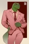  1boy absurdres artist_name bara dinosaur_boy dinosaur_tail dispatch ekzonzz english_commentary furry furry_male green_scales hand_in_pocket highres looking_at_viewer male_focus necktie pants pink_pants pink_suit red_necktie suit sweettalker_(dispatch) tail 