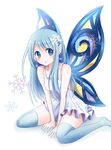  blue_eyes blue_hair blue_legwear blush butterfly_wings dress fairy hair_ornament highres long_hair looking_at_viewer original pointy_ears simple_background sitting smile snowflake_hair_ornament snowflake_print snowflakes snowmi solo symbol-shaped_pupils thighhighs wariza white_background wings zettai_ryouiki 