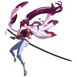  armpits camisole cape capri_pants french-bread full_body hair_ribbon hand_on_hilt high_heels highres long_hair official_art ootachi pants ponytail purple_eyes purple_hair ribbon sandals solo stiletto_heels sword transparent_background under_night_in-birth very_long_hair weapon yoshihara_seiichi yuzuriha_(under_night_in-birth) 