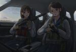  2girls 787nanahachi ammunition ammunition_pouch ar-15 benelli_m4 black_hair blue_sailor_collar blue_skirt brown_eyes brown_gloves car_interior glasses glock gloves gun handgun hashtag-only_commentary highres low_twintails medium_hair multiple_girls original pleated_skirt pouch rifle sailor_collar school_uniform serafuku shotgun shotgun_shell sitting skirt tactical_clothes tactical_school_uniform twintails weapon 