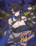  1girl absurdres alternate_costume arm_up asymmetrical_horns bandages black_hair black_horns blue_hair blush breasts cleavage colored_inner_hair commentary cowboy_shot demon_horns english_commentary hair_between_eyes halloween halloween_costume happy_halloween highres hololive hololive_english horns large_breasts long_hair looking_at_viewer mayoa mole mole_under_eye multicolored_hair mummy_costume naked_bandage nerissa_ravencroft one_eye_closed open_mouth red_eyes solo sweat two-tone_hair uneven_horns virtual_youtuber 