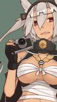  bad_id bad_pixiv_id black-framed_eyewear breasts brown_eyes budget_sarashi camera cape dark_skin eyewear_on_head glasses grey_hair hair_between_eyes headgear kantai_collection large_breasts long_hair mikoto_(oi_plus) musashi_(kantai_collection) open_mouth pointy_hair sarashi semi-rimless_eyewear solo twintails under-rim_eyewear upper_body 