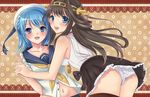  beret blue_eyes blue_hair brown_hair gomi_(hentai66) hat highres holding_hands kantai_collection kongou_(kantai_collection) long_hair multiple_girls navel panties sleeves_rolled_up underwear urakaze_(kantai_collection) white_hat yellow_neckwear 