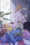  3boys 88_(einnimnech) alolan_exeggutor antennae bird black_hair black_pants blue_oak blue_pants brown_hair bug butterfly butterfree closed_eyes commentary_request cup dark_skin eevee flying hat highres holding holding_cup insect_wings jigglypuff long_sleeves lying male_focus multiple_boys nose_bubble oddish on_back on_shoulder on_side on_stomach open_mouth pants parted_lips pidgey pikachu plant pokemon pokemon_(creature) pokemon_on_shoulder poliwag potted_plant red_(pokemon) red_hat rotom rotom_phone samson_oak shirt short_hair short_sleeves sitting sleeping smile steaming_cup white_shirt wings 