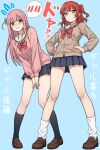  2girls black_skirt black_socks blue_background blue_eyes blush bocchi_the_rock! bow brown_jacket brown_shoes commentary_request cube_hair_ornament embarrassed full_body gotoh_hitori green_eyes hair_ornament hand_on_own_hip highres jacket kita_ikuyo long_hair looking_at_another multiple_girls open_mouth pink_hair pink_jacket red_bow red_hair ryuhirohumi school_uniform shoes short_hair shuka_high_school_uniform simple_background skirt socks standing white_socks 